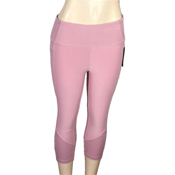 RBX L Pink Stretch Waist Wicking 4 Way Stretch Fold Cell Pockets Capri Leggings - Picture 2 of 7